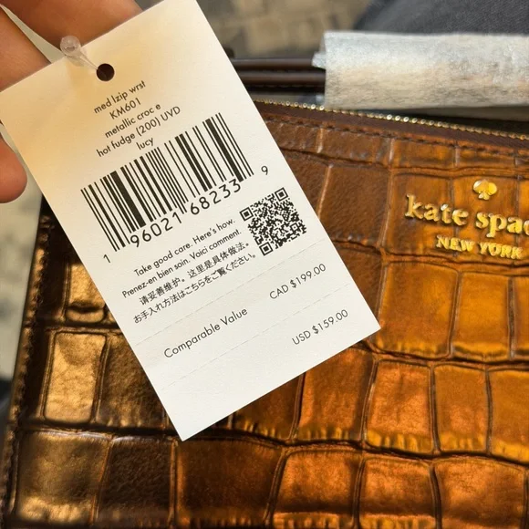NWT Kate Spade New York Croc Embossed Leather Wristlet Wallet Brown Zip Clutch - Picture 5 of 5